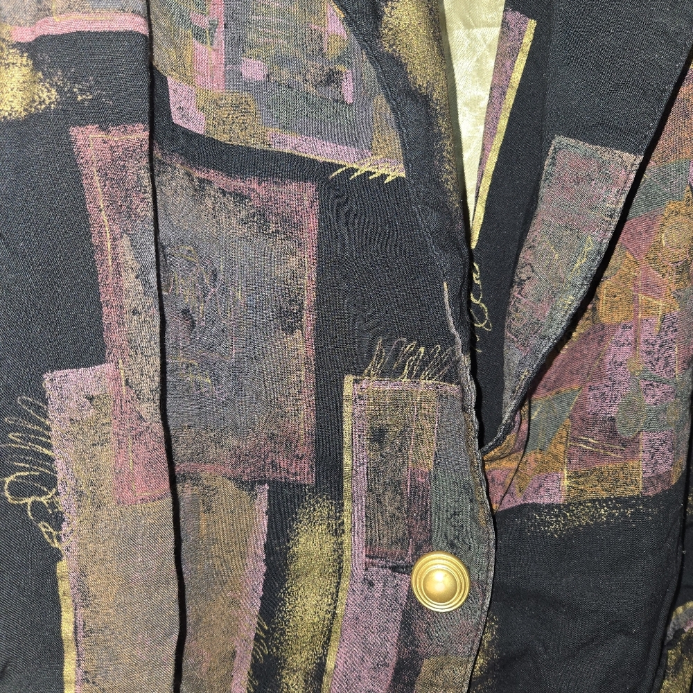 Vintage 80s 90s Womens Black Purple Gold Art Abstract Blazer Jacket Size Medium - Picture 3 of 6